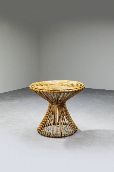 FRANCO ALBINI : Tavolino con struttura in legno di bamboo e canna d'india. Anni '50 cm 65x73  - Asta Asta di Design - Associazione Nazionale - Case d'Asta italiane