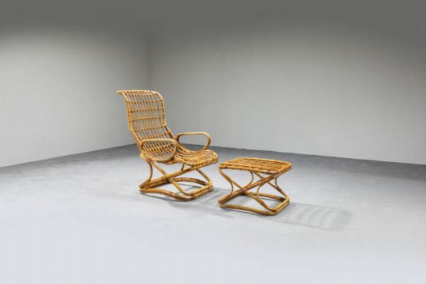 TITO AGNOLI : Poltrona con poggiapiedi in bamboo e canna d'india. Anni '60 cm 100x63x85 cm 38x50x55  - Asta Asta di Design - Associazione Nazionale - Case d'Asta italiane