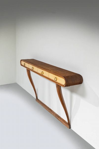 PRODUZIONE ITALIANA : Console in legno con particolari in ottone.  Anni '50 cm 92x180x30  Difetti  - Asta Asta di Design - Associazione Nazionale - Case d'Asta italiane