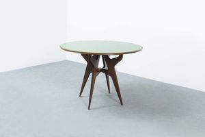 PRODUZIONE ITALIANA - Tavolo in legno  piano in vetro specchiato. Anni '60 diam. 108  h 77