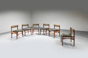 PRODUZIONE ITALIANA - Sei sedie con struttura in legno e seduta rivestita in tessuto.  Anni '60 cm 73x46x50  Difetti