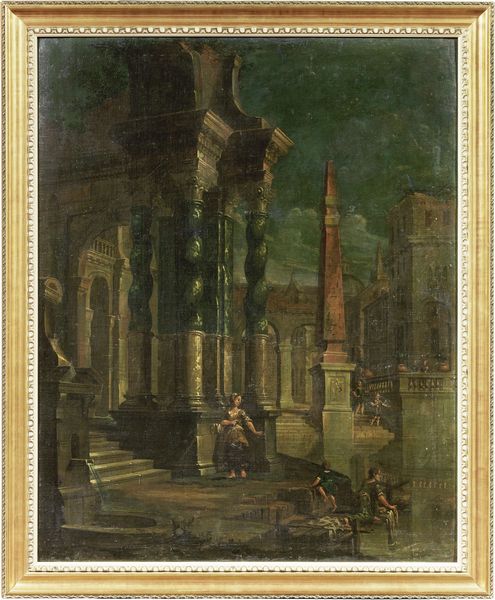 Scuola emiliana del XVIII secolo : Capriccio architettonico con obelisco e figure e Capriccio architettonico con arco e figure  - Asta PARADE I - STAMPE, DIPINTI, DISEGNI E ARREDI ANTICHI - Associazione Nazionale - Case d'Asta italiane