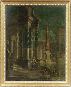 Scuola emiliana del XVIII secolo - Capriccio architettonico con obelisco e figure e Capriccio architettonico con arco e figure