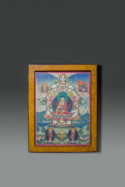 THANGKA : Thangka incorniciato dipinto con figure di divinit  Tibet  XIX secolo. 28 5x21  - Asta Asta di Arte Orientale - Associazione Nazionale - Case d'Asta italiane