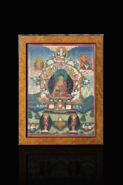 THANGKA : Thangka incorniciato dipinto con figure di divinit  Tibet  XIX secolo. 28 5x21  - Asta Asta di Arte Orientale - Associazione Nazionale - Case d'Asta italiane