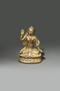 BUDDHA : Buddha in bronzo dorato seduto nella posizione del loto  Cina  dinastia Qing  XVIII sec H cm 18x13  - Asta Asta di Arte Orientale - Associazione Nazionale - Case d'Asta italiane