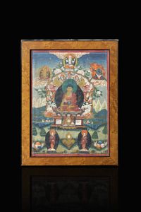 THANGKA : Thangka incorniciato dipinto con figure di divinit  Tibet  XIX secolo. 28 5x21  - Asta Asta di Arte Orientale - Associazione Nazionale - Case d'Asta italiane