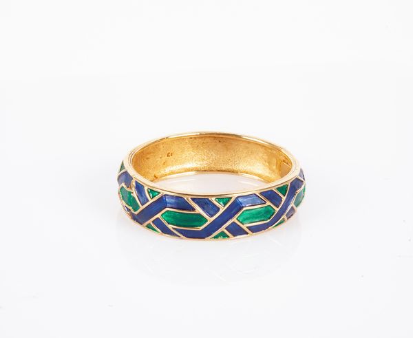 Bracciale rigido in metallo dorato, smalti blu e verdi.  - Asta Asta a Tempo a Libera Offerta - Bigiotteria Vintage - Associazione Nazionale - Case d'Asta italiane