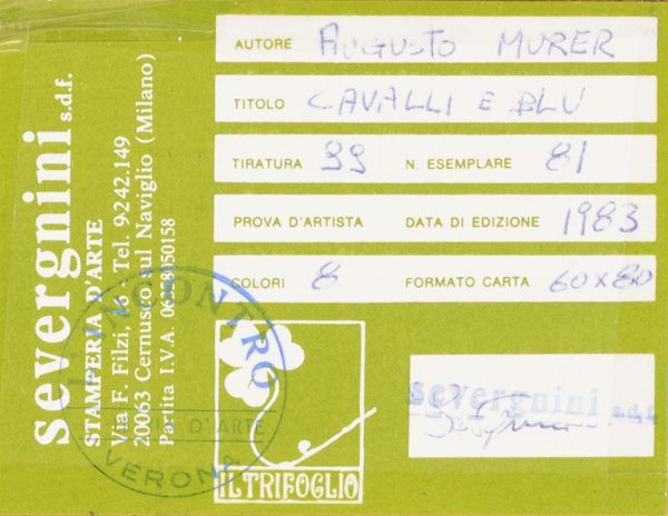 AUGUSTO MURER : Cavalli e blu  - Asta Multipli d'Autore - Associazione Nazionale - Case d'Asta italiane