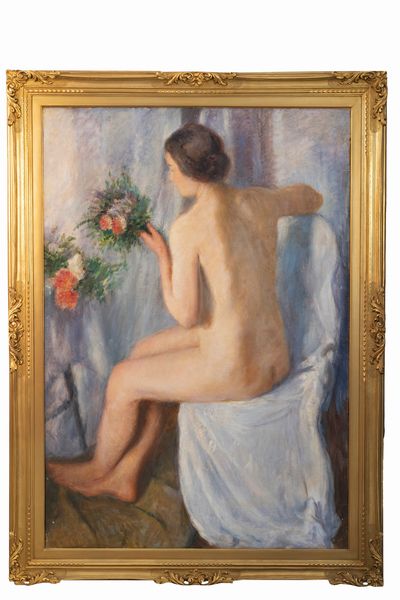 Scuola italiana inizi del XX secolo : Nudo femminile con mazzo di fiori  - Asta Arte Figurativa tra XIX e XX Secolo - Associazione Nazionale - Case d'Asta italiane