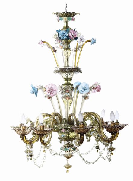 Lampadario in vetro di Murano con applicazioni di fiori policromi. XX secolo  - Asta Antiquariato Luglio - Associazione Nazionale - Case d'Asta italiane