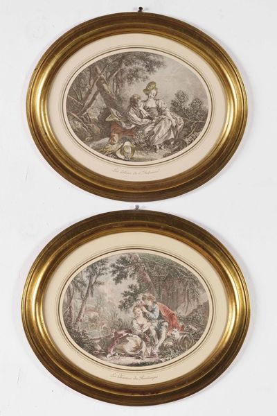 Coppia di stampe raffiguranti scene galanti. Francia XIX-XX secolo  - Asta Antiquariato Luglio - Associazione Nazionale - Case d'Asta italiane