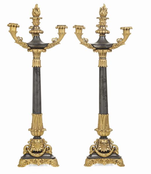 Coppia di candelabri in bronzo patinato e dorato, XIX secolo  - Asta Antiquariato Luglio - Associazione Nazionale - Case d'Asta italiane