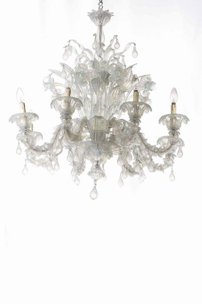 Coppia di lampadari in vetro di Murano lattimo a otto luci e tre applique a due luci, XX secolo  - Asta Antiquariato Luglio - Associazione Nazionale - Case d'Asta italiane