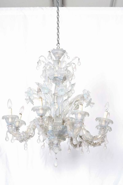 Coppia di lampadari in vetro di Murano lattimo a otto luci e tre applique a due luci, XX secolo  - Asta Antiquariato Luglio - Associazione Nazionale - Case d'Asta italiane