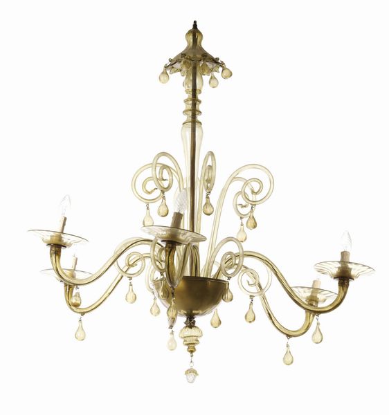 Lampadario in vetro di Murano a sei luci. XX secolo  - Asta Antiquariato Luglio - Associazione Nazionale - Case d'Asta italiane