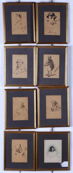 Otto disegni con ritratti  - Asta Dipinti del XIX-XX secolo - Associazione Nazionale - Case d'Asta italiane