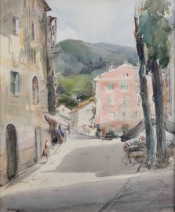 Arturo De Luca : Piazza assolata a Torriglia  - Asta Dipinti del XIX-XX secolo - Associazione Nazionale - Case d'Asta italiane