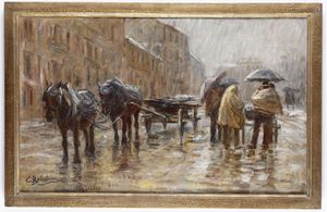 Carlo Balestrini : Viale con cavalli e calesse  - Asta Dipinti del XIX-XX secolo - Associazione Nazionale - Case d'Asta italiane