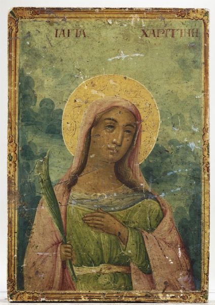 Icona raffigurante Santa Caterina con laureola dorata. Grecia, XIX secolo  - Asta Argenti - Associazione Nazionale - Case d'Asta italiane