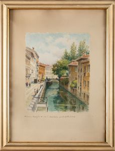 Giannino Grossi : Naviglio di via San Damiano, Ponte delle Sirene  - Asta Opere del XIX e XX secolo - Associazione Nazionale - Case d'Asta italiane