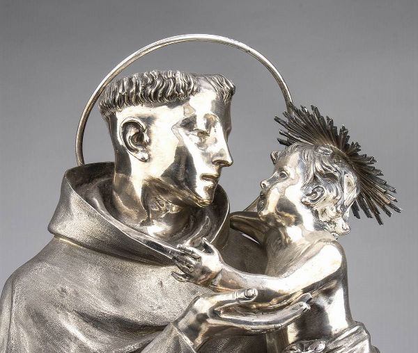 Scultura italiana in argento, raffigurante Sant'Antonio con Gesù Bambino - probabilmente Napoli, XIX secolo  - Asta Gioielli, orologi, argenti e penne - Associazione Nazionale - Case d'Asta italiane