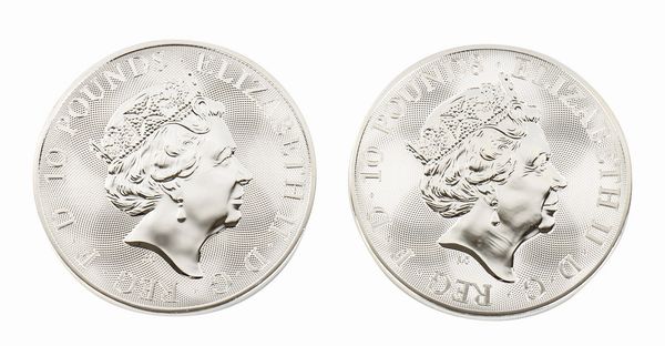 Lotto di due monete: 10 Pounds - Elizabeth II Silver Valiant; 10 oz Fine Silver.  2020 - 2021  - Asta Gioielli, orologi, argenti e penne - Associazione Nazionale - Case d'Asta italiane