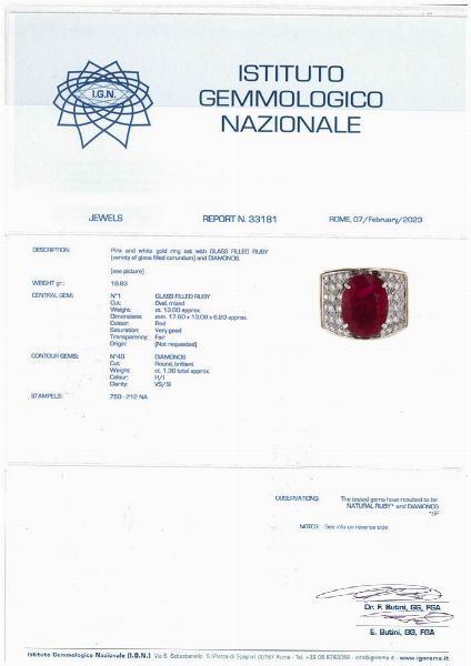 Anello a fascia con rubino con vetro al piombo e pavè di  diamanti  - Asta Gioielli, orologi, argenti e penne - Associazione Nazionale - Case d'Asta italiane