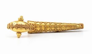 Fibula a sanguisuga in oro in stile archeologico Etrusco  - Asta Gioielli, orologi, argenti e penne - Associazione Nazionale - Case d'Asta italiane