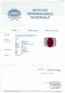 Anello a fascia con rubino con vetro al piombo e pavè di  diamanti  - Asta Gioielli, orologi, argenti e penne - Associazione Nazionale - Case d'Asta italiane