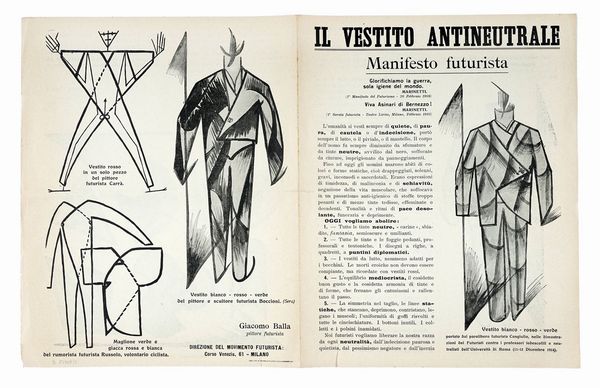 Giacomo Balla : Il vestito antineutrale. Manifesto futurista.  - Asta Autografi e manoscritti, Futurismo, libri del Novecento e libri d'artista [Parte I] - Associazione Nazionale - Case d'Asta italiane