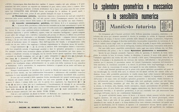 Filippo Tommaso Marinetti : Lo splendore geometrico e meccanico e la sensibilit numerica. Manifesto futurista.  - Asta Autografi e manoscritti, Futurismo, libri del Novecento e libri d'artista [Parte I] - Associazione Nazionale - Case d'Asta italiane