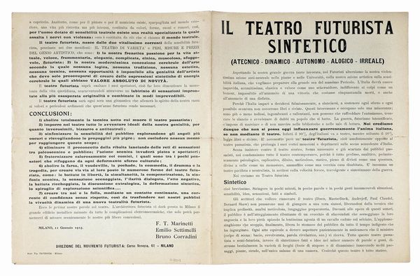 Filippo Tommaso Marinetti : Il teatro futurista sintetico. (Atecnico - Dinamico - Autonomo - Alogico - Irreale).  - Asta Autografi e manoscritti, Futurismo, libri del Novecento e libri d'artista [Parte I] - Associazione Nazionale - Case d'Asta italiane