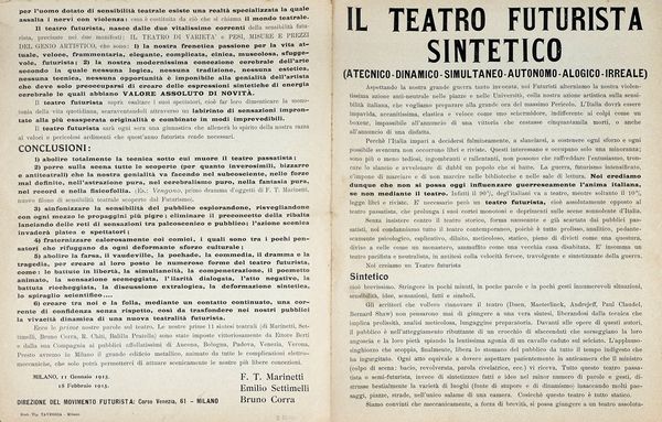 Filippo Tommaso Marinetti : Il teatro futurista sintetico. (Atecnico - Dinamico - Simultaneo -  Autonomo - Alogico - Irreale).  - Asta Autografi e manoscritti, Futurismo, libri del Novecento e libri d'artista [Parte I] - Associazione Nazionale - Case d'Asta italiane