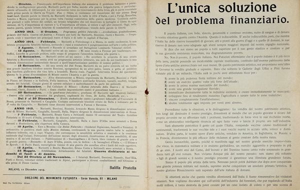 Filippo Tommaso Marinetti : L'unica soluzione del problema finanziario. [Segue: Il Futurismo e la Guerra. Cronaca sintetica].  - Asta Autografi e manoscritti, Futurismo, libri del Novecento e libri d'artista [Parte I] - Associazione Nazionale - Case d'Asta italiane