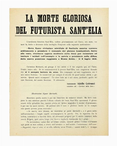 La morte gloriosa del futurista Sant'Elia.  - Asta Autografi e manoscritti, Futurismo, libri del Novecento e libri d'artista [Parte I] - Associazione Nazionale - Case d'Asta italiane