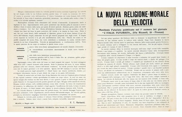 Filippo Tommaso Marinetti : La nuova religione-morale della velocit. Manifesto futurista pubblicato nel 1 numero del giornale L'Italia futurista (Via Ricasoli, 23 - Firenze).  - Asta Autografi e manoscritti, Futurismo, libri del Novecento e libri d'artista [Parte I] - Associazione Nazionale - Case d'Asta italiane