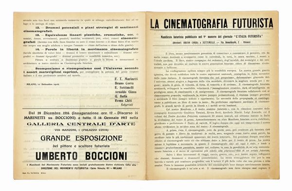 Filippo Tommaso Marinetti : La cinematografia futurista. Manifesto futurista pubblicato nel 9 numero del giornale L'Italia Futurista.  - Asta Autografi e manoscritti, Futurismo, libri del Novecento e libri d'artista [Parte I] - Associazione Nazionale - Case d'Asta italiane