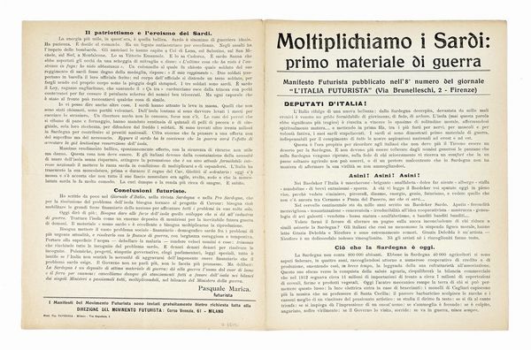 PASQUALE MARICA : Moltiplichiamo i sardi: primo materiale di guerra. Manifesto futurista pubblicato nell'8 numero del giornale L'Italia Futurista.  - Asta Autografi e manoscritti, Futurismo, libri del Novecento e libri d'artista [Parte I] - Associazione Nazionale - Case d'Asta italiane