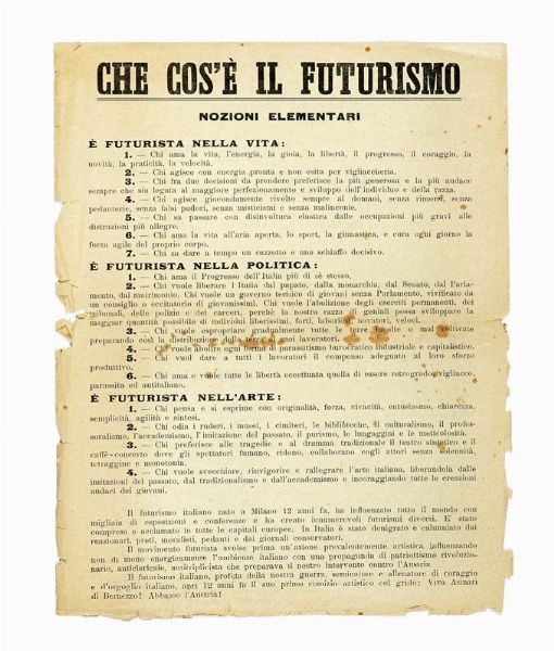 Filippo Tommaso Marinetti : Che cos' il futurismo. Nozioni elementari.  - Asta Autografi e manoscritti, Futurismo, libri del Novecento e libri d'artista [Parte I] - Associazione Nazionale - Case d'Asta italiane