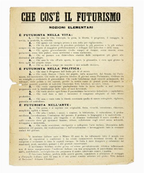 Filippo Tommaso Marinetti : Che cos' il futurismo. Nozioni elementari.  - Asta Autografi e manoscritti, Futurismo, libri del Novecento e libri d'artista [Parte I] - Associazione Nazionale - Case d'Asta italiane