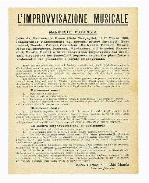 Improvvisazione musicale. Manifesto futurista.  - Asta Autografi e manoscritti, Futurismo, libri del Novecento e libri d'artista [Parte I] - Associazione Nazionale - Case d'Asta italiane