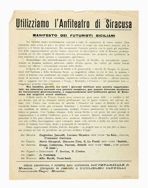 Utilizziamo l'anfiteatro di Siracusa. Manifesto dei futuristi siciliani. [Segue:  Il Futurismo italiano nel 1921].  - Asta Autografi e manoscritti, Futurismo, libri del Novecento e libri d'artista [Parte I] - Associazione Nazionale - Case d'Asta italiane