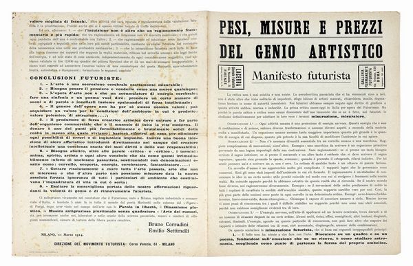 BRUNO [PSEUD. DI GINANNI CORRADINI BRUNO] CORRA : Pesi, misure e prezzi del genio artistico. Manifesto futurista.  - Asta Autografi e manoscritti, Futurismo, libri del Novecento e libri d'artista [Parte I] - Associazione Nazionale - Case d'Asta italiane