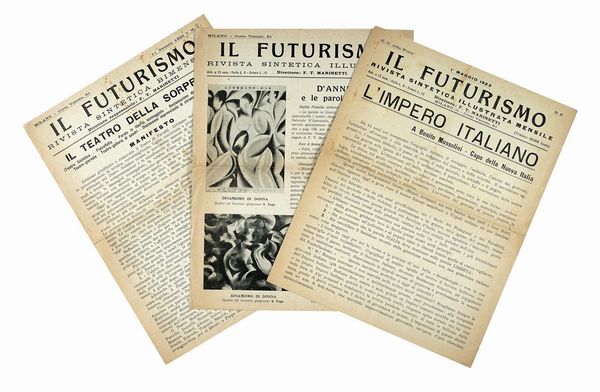 Filippo Tommaso Marinetti : Il Futurismo. Rivista sintetica bimestrale [poi: Rivista sintetica illustrata; Rivista sintetica illustrata mensile].  - Asta Autografi e manoscritti, Futurismo, libri del Novecento e libri d'artista [Parte I] - Associazione Nazionale - Case d'Asta italiane