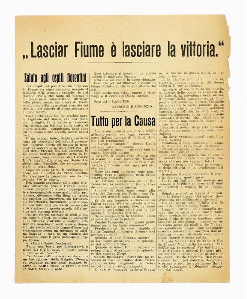 Gabriele D'Annunzio : Lasciar Fiume  lasciare la vittoria. Saluto agli ospiti fiorentini.  - Asta Autografi e manoscritti, Futurismo, libri del Novecento e libri d'artista [Parte I] - Associazione Nazionale - Case d'Asta italiane