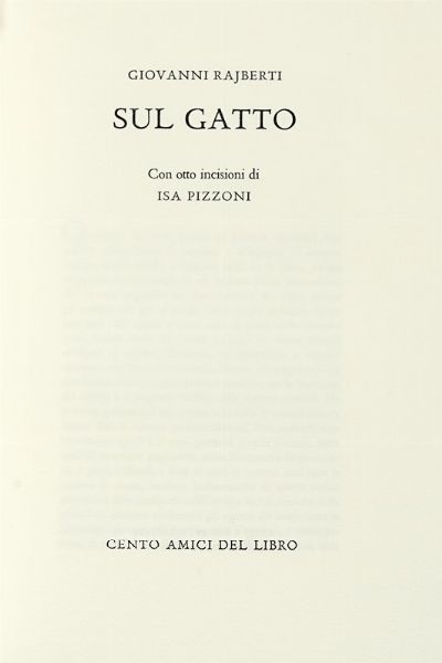 GIOVANNI RAJBERTI : Sul gatto. Con otto incisioni di Isa Pizzoni.  - Asta Autografi e manoscritti, Futurismo, libri del Novecento e libri d'artista [Parte I] - Associazione Nazionale - Case d'Asta italiane