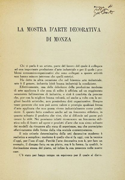 GIO PONTI : La mostra d'arte decorativa di Monza.  - Asta Autografi e manoscritti, Futurismo, libri del Novecento e libri d'artista [Parte I] - Associazione Nazionale - Case d'Asta italiane