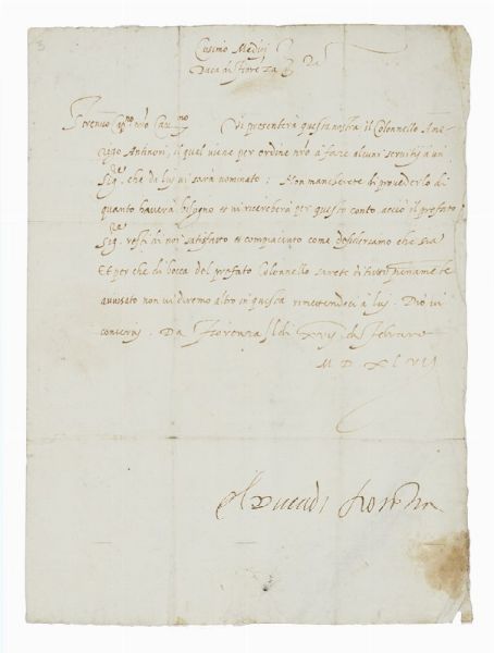 COSIMO I (DE) MEDICI : Lettera con firma autografa - El duca di Florentia - inviata a Roso da Vicchio, capitano della banda del Mugello.  - Asta Autografi e manoscritti, Futurismo, libri del Novecento e libri d'artista [Parte I] - Associazione Nazionale - Case d'Asta italiane