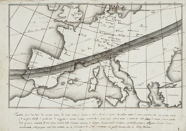 Mappa delle zone europee interessate dall'eclissi solare totale del 1842.  - Asta Autografi e manoscritti, Futurismo, libri del Novecento e libri d'artista [Parte I] - Associazione Nazionale - Case d'Asta italiane